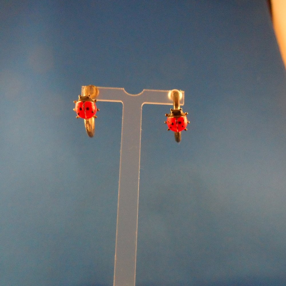 Vintage Lady Bug Enameled Sterling Silver Earrings